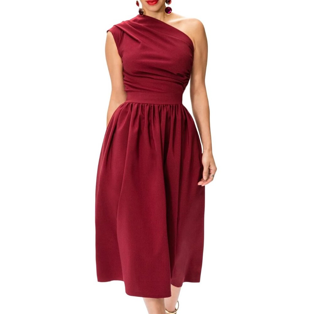 FKSP Elegant One-Shoulder Burgundy Dress